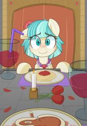 Size: 1328x1925 | Tagged: safe, artist:nignogs, coco pommel, earth pony, pony, 4chan, alcohol, bendy straw, blushing, candle, candlelight dinner, cheek fluff, cocobetes, cute, date, dinner, drinking straw, ears, embarrassed, female, floppy ears, flower, food, herbivore vs omnivore, hooves on the table, looking at you, mare, meat, meme, nervous, offscreen character, pasta, pov, reversed gender roles equestria, reversed gender roles equestria general, romantic dinner, rose, rose petals, shy, spaghetti, steak, straw, sweat, sweating bullets, sweating profusely, waifu dinner, wine