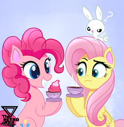 Size: 2100x2151 | Tagged: safe, artist:theretroart88, derpibooru import, angel bunny, fluttershy, pinkie pie, earth pony, pegasus, pony, :i, cup, food, frosting, pinkie being pinkie, sprinkles, tea, teacup