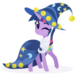 Size: 4000x4107 | Tagged: safe, artist:belka-sempai, derpibooru import, twilight sparkle, pony, luna eclipsed, absurd resolution, clothes, costume, cute, female, hat, looking at you, mare, nightmare night costume, one eye closed, simple background, solo, star swirl the bearded costume, transparent background, twiabetes, wink, wizard hat