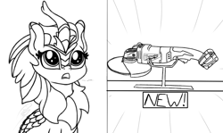 Size: 2020x1200 | Tagged: safe, artist:soctavia, derpibooru import, cinder glow, summer flare, kirin, angle grinder, big eyes, dialogue, female, in awe, mare, marewaukee, open mouth, power tools, sketch, solo, want, wip, woah