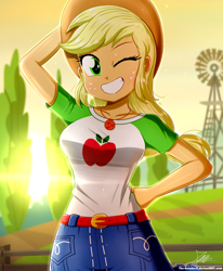 Size: 1784x2163 | Tagged: safe, artist:the-butch-x, derpibooru import, applejack, equestria girls, applejack's hat, applerack, arms, belt, breasts, bust, clothes, collar, cowboy hat, cute, denim skirt, eyelashes, female, fence, fingers, freckles, geode of super strength, grin, hand, hand behind head, hand on hip, happy, hat, jackabetes, long hair, magical geodes, one eye closed, open mouth, open smile, outdoors, ponytail, shirt, short sleeves, signature, skirt, smiling, solo, standing, sun, sunset, sweat, sweatdrop, sweatdrops, t-shirt, teenager, teeth, tree, windmill, wink