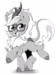 Size: 1540x2048 | Tagged: safe, artist:myufish, derpibooru import, oc, oc only, kirin, glasses, grayscale, kirin oc, looking at you, manga style, monochrome, simple background, smiling, smiling at you, solo, white background