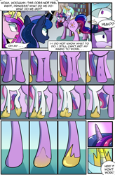 Size: 1800x2740 | Tagged: safe, artist:candyclumsy, derpibooru import, princess cadance, princess celestia, princess luna, twilight sparkle, twilight sparkle (alicorn), oc, alicorn, pony, comic:the fusion flashback 2, alicorn princess, awkward, basement, canterlot, canterlot castle, comic, commissioner:bigonionbean, cutie mark, ethereal mane, flashback, forced, fusion, fusion:princess morning star, jewelry, magic, merge, merging, royalty, shocked, surprised, writer:bigonionbean