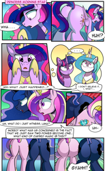 Size: 1800x2920 | Tagged: safe, artist:candyclumsy, derpibooru import, princess cadance, princess celestia, princess luna, twilight sparkle, twilight sparkle (alicorn), oc, oc:princess morning star, alicorn, pony, comic:the fusion flashback 2, alicorn princess, basement, butt, canterlot, canterlot castle, comic, commissioner:bigonionbean, confused, cutie mark, dat ass was fat, dat butt, ethereal mane, flashback, forced, fusion, fusion:princess morning star, jewelry, lovebutt, magic, meme, merge, moonbutt, plot, regalia, royalty, shocked, surprised, swelling, swollen, thicc ass, thought bubble, writer:bigonionbean