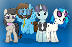 Size: 2205x1440 | Tagged: safe, artist:grapefruitface1, derpibooru import, dj pon-3, neon lights, octavia melody, rising star, vinyl scratch, oc, earth pony, pony, band, base used, bowtie, clothes, electric light orchestra, equestria light orchestra, facial hair, floating, group, jeff lynne, looking at you, music, necktie, one eye closed, ponified, smiling, wink