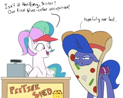 Size: 1280x1024 | Tagged: safe, artist:rocket-lawnchair, derpibooru import, princess celestia, princess luna, alicorn, pony, clothes, costume, female, food, food costume, luna is not amused, peetzer, pizza, pizza costume, siblings, sisters, unamused, visor