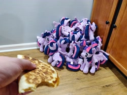 Size: 4608x3456 | Tagged: safe, derpibooru import, photographer:sometwifag, twilight sparkle, twilight sparkle (alicorn), alicorn, food, irl, multeity, photo, photography, plushie, pure unfiltered evil, quesadilla, scared, self ponidox, sparkle sparkle sparkle, they're just so cheesy, you monster