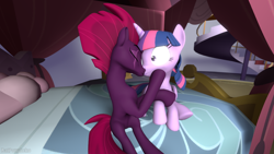 Size: 1280x720 | Tagged: safe, alternate version, artist:batponyecho, derpibooru import, tempest shadow, twilight sparkle, twilight sparkle (alicorn), alicorn, pony, unicorn, 3d, bed, bedroom, broken horn, duo, eye scar, eyes closed, female, horn, kissing, lesbian, looking at each other, mare, open mouth, pillow, scar, shipping, shocked, sitting, source filmmaker, tail, tempestlight, wings