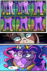 Size: 1800x2740 | Tagged: safe, artist:candyclumsy, derpibooru import, oc, oc:king speedy hooves, oc:princess luminescent love, oc:princess morning star, oc:queen galaxia, alicorn, pony, comic:the fusion flashback 2, alicorn princess, basement, canterlot, canterlot castle, chamber, comic, commissioner:bigonionbean, concerned, cutie mark, embarrassed, ethereal mane, flashback, forced, fusion, fusion:king speedy hooves, fusion:princess luminescent love, fusion:princess morning star, fusion:queen galaxia, jewelry, magic, merge, merging, royalty, shocked, surprised, swelling, writer:bigonionbean