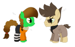 Size: 3257x2048 | Tagged: safe, artist:dyonys, derpibooru import, oc, oc only, oc:lucky brush, oc:night chaser, earth pony, chibi, clothes, coat, female, freckles, glasses, male, mare, scarf, simple background, skirt, stallion, sweater, transparent background, turtleneck