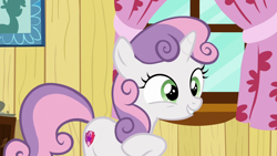 Size: 1280x720 | Tagged: safe, derpibooru import, screencap, sweetie belle, pony, unicorn, the fault in our cutie marks, clubhouse, crusaders clubhouse, female, filly, solo