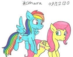 Size: 1224x949 | Tagged: safe, artist:cmara, derpibooru import, fluttershy, rainbow dash, pegasus, pony, duo, female, flying, mare, simple background, traditional art, white background