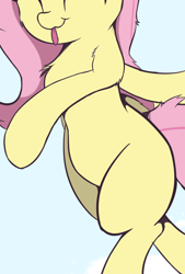 Size: 888x1313 | Tagged: safe, artist:rainyvisualz, derpibooru import, edit, fluttershy, pegasus, pony, :p, belly, bipedal, chest fluff, cropped, cute, eyes closed, pictures of bellies, shyabetes, solo, tongue out, wingless