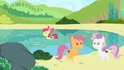 Size: 1200x675 | Tagged: artist needed, safe, derpibooru import, apple bloom, scootaloo, sweetie belle, earth pony, pegasus, pony, unicorn, cutie mark crusaders, enjoying, eyes closed, female, filly, funny, pointy ponies