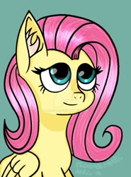 Size: 800x1083 | Tagged: safe, alternate version, artist:marg-m, derpibooru import, fluttershy, pegasus, pony, bust, deviantart watermark, ear fluff, eyelashes, female, mare, obtrusive watermark, signature, smiling, solo, watermark