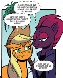 Size: 872x1085 | Tagged: safe, artist:andypriceart, derpibooru import, idw, applejack, tempest shadow, earth pony, pony, unicorn, spoiler:comic, spoiler:comic90, female, mare, season 10