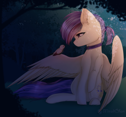 Size: 1600x1487 | Tagged: safe, artist:miralichan, derpibooru import, oc, oc only, oc:evensong, bird, pegasus, pony, collar, commission, ear fluff, female, forest, mare, outdoors, sitting, solo, spread wings, wings, ych result