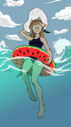 Size: 1920x3415 | Tagged: safe, artist:wii-san, derpibooru import, oc, oc only, oc:dawnsong, anthro, earth pony, plantigrade anthro, clothes, feet, glasses, hat, inner tube, looking at you, one-piece swimsuit, swimming, swimsuit