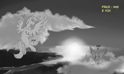 Size: 5000x3000 | Tagged: safe, artist:hellblazer911, artist:rokosmith26, derpibooru import, pegasus, pony, advertisement, cloud, commission, flying, fog, forest, hill, river, sky, spread wings, sun, tail, text, wings, your character here