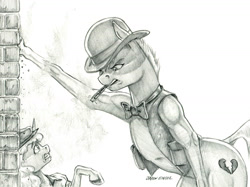 Size: 1400x1046 | Tagged: safe, artist:baron engel, derpibooru import, oc, oc:free n'clear, oc:heartbreaker, earth pony, pony, unicorn, bowler hat, cigar, hat, monochrome, pencil drawing, story included, traditional art