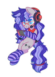 Size: 2480x3508 | Tagged: safe, artist:musicfirewind, derpibooru import, oc, oc only, oc:cinnabyte, earth pony, pony, adorkable, bandana, clothes, commission, cute, dork, female, gaming headset, glasses, headphones, headset, mare, nintendo switch, playing, simple background, socks, solo, striped socks, switch, transparent background, ych result, your character here