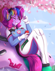 Size: 1700x2200 | Tagged: safe, artist:shadowreindeer, derpibooru import, oc, oc only, oc:techy twinkle, anthro, unicorn, anthro oc, cellphone, cherry blossoms, clothes, commission, cosplay, costume, d.va, female, flower, flower blossom, grin, looking at you, mare, one eye closed, overwatch, phone, smiling, solo, two fingered salute, wink, winking at you, ych result, your character here