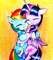 Size: 2277x2580 | Tagged: safe, artist:liaaqila, derpibooru import, rainbow dash, twilight sparkle, twilight sparkle (alicorn), alicorn, pegasus, pony, commission, cuddling, cute, dashabetes, duo, eyes closed, female, floppy ears, grin, hug, lesbian, mare, shipping, simple background, smiling, traditional art, twiabetes, twidash, yellow background