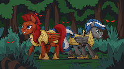 Size: 2560x1440 | Tagged: safe, artist:mysticalpha, derpibooru import, oc, oc:captain sunride, oc:cloud zapper, pegasus, pony, timber wolf, armor, forest, male, pegasus oc, royal guard, royal guard armor, stallion, wings