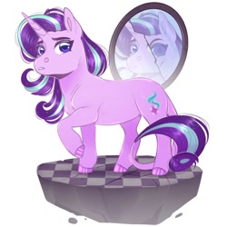 Size: 900x900 | Tagged: safe, artist:sadelinav, derpibooru import, starlight glimmer, pony, unicorn, broken mirror, female, floating island, mare, mirror, simple background, solo, white background