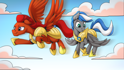 Size: 2560x1440 | Tagged: safe, artist:mysticalpha, derpibooru import, oc, oc only, oc:captain sunride, oc:cloud zapper, pegasus, pony, armor, cloud, flying, male, pegasus oc, royal guard, royal guard armor, stallion, wings