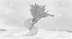 Size: 1280x689 | Tagged: safe, artist:onkelscrut, derpibooru import, princess luna, alicorn, pony, grayscale, monochrome, musical instrument, snow, solo, violin