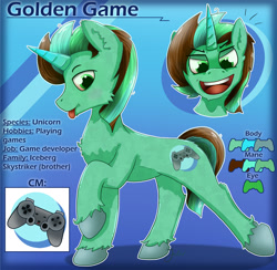 Size: 2049x1998 | Tagged: safe, artist:jesterpi, derpibooru import, oc, oc only, oc:golden game, unicorn, abstract background, cutie mark, horn, playstation, reference sheet, smiling, standing, tongue out