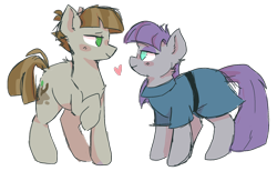 Size: 1562x960 | Tagged: safe, artist:dazzledoves, derpibooru import, maud pie, mudbriar, earth pony, pony, clothes, eye contact, female, heart, looking at each other, male, mare, maudbriar, shipping, simple background, smiling, stallion, straight, transparent background