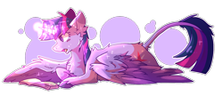 Size: 1652x714 | Tagged: safe, artist:dazzledoves, derpibooru import, twilight sparkle, twilight sparkle (alicorn), alicorn, pony, abstract background, book, cheek fluff, chest fluff, female, glowing horn, horn, leonine tail, lying down, magic, mare, open mouth, prone, reading, simple background, solo, transparent background, white outline, wings
