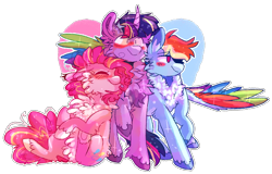 Size: 2000x1282 | Tagged: safe, artist:dazzledoves, derpibooru import, pinkie pie, rainbow dash, twilight sparkle, twilight sparkle (alicorn), alicorn, earth pony, pegasus, pony, bisexual, blushing, cheek fluff, chest fluff, ear fluff, female, fluffy, heart, horn, hug, leaning on someone, lesbian, mare, polyamory, shipping, simple background, smiling, transparent background, twidashpie, winghug, wings