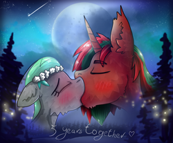 Size: 1782x1478 | Tagged: safe, artist:jesterpi, derpibooru import, oc, oc only, oc:ambrosia firehoof, oc:scorpio raze, bat pony, pegasus, pony, anniversary, anniversary art, blushing, clothes, disembodied head, dress, eyes closed, female, floppy ears, husband and wife, kissing, male, marriage, moon, night, outdoors, romantic, shooting star, size difference, straight, text, veil, vest, wedding, wedding dress