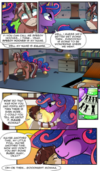 Size: 1800x3056 | Tagged: safe, artist:candyclumsy, derpibooru import, oc, oc:king speedy hooves, oc:queen galaxia, oc:tommy the human, alicorn, earth pony, human, pegasus, pony, unicorn, comic:the fusion flashback 2, alicorn princess, awkward moment, basement, blushing, canterlot, canterlot castle, chamber, comic, commissioner:bigonionbean, concerned, cute, cutie mark, doorway, embarrassed, ethereal mane, female, flashback, fusion, fusion:king speedy hooves, fusion:queen galaxia, hieroglyphics, human oc, jewelry, kissing, looking at you, male, mother and child, mother and son, nibbling, nuzzling, parent and child, potions, royalty, secret room, surprised, symbols, uwu, writer:bigonionbean