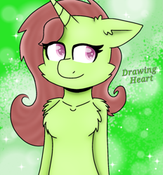 Size: 1027x1108 | Tagged: safe, artist:oliviatheangelfox, derpibooru import, oc, oc only, oc:drawing heart, pony, unicorn, abstract background, bust, chest fluff, smiling, solo