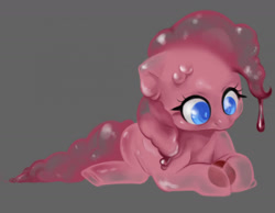 Size: 1280x993 | Tagged: safe, artist:fluffleart, derpibooru import, pinkie pie, goo, goo pony, original species, cute, diapinkes, dripping, goo ponified, gray background, looking down, lying down, pinkie slime, prone, simple background, solo, species swap, translucent