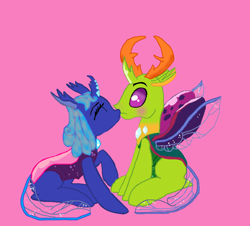 Size: 862x780 | Tagged: safe, artist:daisyrosepup16, derpibooru import, thorax, oc, changedling, changeling, base used, blushing, canon x oc, changedling oc, changeling oc, eyes closed, female, king thorax, male, pink background, simple background, sitting, straight