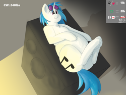 Size: 3000x2254 | Tagged: safe, artist:lupin quill, derpibooru import, dj pon-3, vinyl scratch, pony, unicorn, series:vinyl scratch weight gain drive, bedroom eyes, belly, belly button, belly grab, big belly, butt, chest fluff, chubby, dialogue, fat, fat fetish, fetish, incentive drive, lip bite, looking at you, lying down, plot, solo, speakers, sunglasses, vinyl fat, weight gain sequence