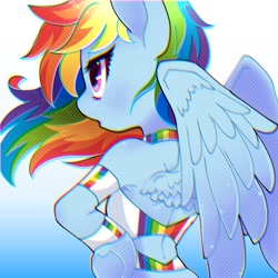 Size: 1500x1500 | Tagged: safe, artist:bbtasu, derpibooru import, rainbow dash, pegasus, pony, semi-anthro, arm hooves, backless, bare shoulders, female, gradient background, hooves on hips, mare, rear view, solo