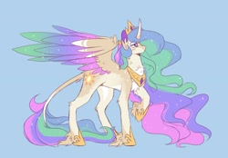 Size: 2246x1559 | Tagged: safe, artist:dazzledoves, artist:idiot__baby, derpibooru import, princess celestia, alicorn, pony, blue background, chest fluff, coat markings, colored wings, crown, dappled, ear fluff, female, hoof shoes, jewelry, leg fluff, leonine tail, mare, multicolored wings, regalia, simple background, solo, spread wings, tail fluff, unshorn fetlocks, wings