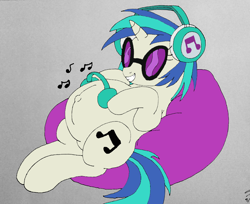Size: 884x720 | Tagged: safe, artist:mj455, derpibooru import, dj pon-3, vinyl scratch, pony, unicorn, bean bag chair, belly, belly button, big belly, female, grin, headphones, mare, music notes, outie belly button, pregnant, simple background, smiling, solo, sunglasses