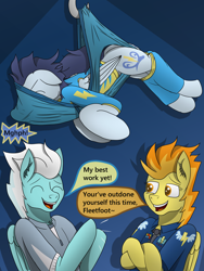 Size: 3024x4032 | Tagged: safe, artist:tacomytaco, derpibooru import, fleetfoot, soarin', spitfire, pegasus, pony, comic:wedgiebolts academy, atomic wedgie, briefs, clapping, clothes, comic, crossed arms, eyes closed, female, hanging, hanging wedgie, male, pain, shorts, smiling, speech bubble, text, underwear, wedgie