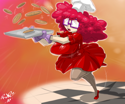 Size: 3620x3017 | Tagged: safe, artist:shonuff44, derpibooru import, twist, human, adult, breasts, busty twist, chef's hat, clothes, cookie, food, glasses, gloves, hat, high heels, humanized, open mouth, red, red clothes, shoes, skirt, stockings, thigh highs, tripping