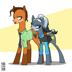 Size: 4000x4000 | Tagged: safe, artist:bonpikabon, derpibooru import, earth pony, pony, :p, alternate hairstyle, angry, annoyed, armor, belt, clothes, coat markings, crossover, disney, duo, female, gritted teeth, judy hopps, male, mare, necktie, nick wilde, police, ponified, pouch, shirt, stallion, tongue out, zootopia
