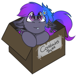 Size: 567x559 | Tagged: safe, artist:rokosmith26, derpibooru import, part of a set, oc, oc only, oc:grey, bat pony, pony, bat pony oc, bat wings, box, cheek fluff, chibi, commission, cute, ear fluff, eye clipping through hair, floppy ears, flower, flower in hair, looking at you, male, pink eyes, pony in a box, puppy dog eyes, roko's box ponies, simple background, smiling, solo, stallion, tail, teeth, text, tooth, transparent background, wings, ych result