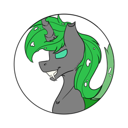 Size: 512x512 | Tagged: safe, artist:chazmazda, derpibooru import, oc, oc only, changeling, insect, pony, body, broken horn, bust, bust shot, colored, commission, commissions open, fangs, flat colors, fluffy, green changeling, green eyes, green hair, holes, horn, insect wings, photo, portrait, simple background, solo, transparent background, wings