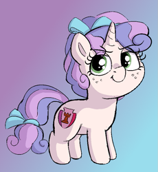 Size: 675x735 | Tagged: safe, artist:heretichesh, derpibooru import, cozy glow, sweetie belle, pony, unicorn, bow, cozy belle, cozybetes, cute, diasweetes, female, filly, freckles, fusion, gradient background, hair bow, smug, solo, tail bow